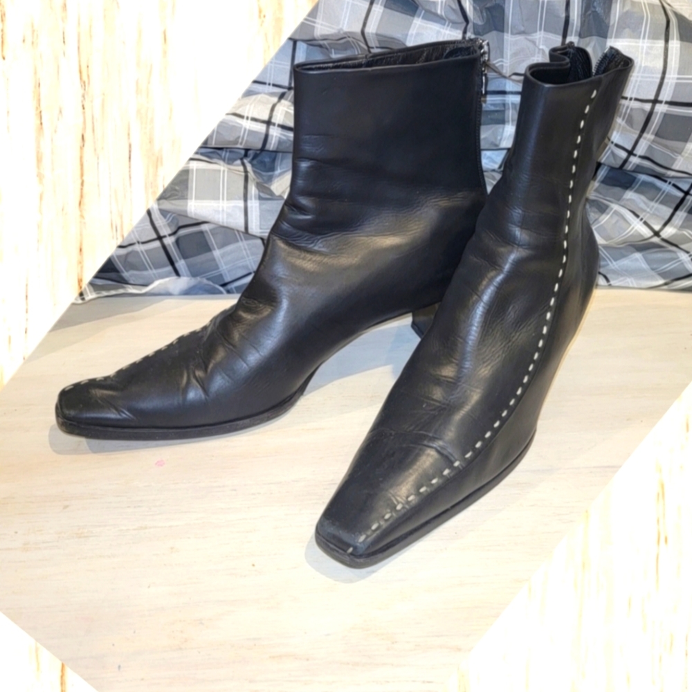 Vintage PRADA Black Nappa Leather Heeled Square Toe Boots Size 39 =8.5